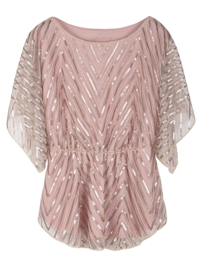 PrettyGuide Women's Sequin Blouse Tops Glitter Beaded Evening Formal Party Dressy Tops Champagne US8 - Image 1